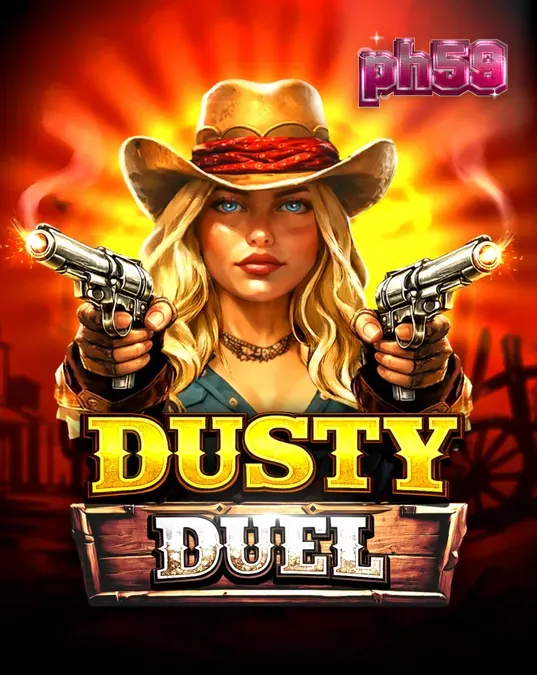 Isang tanawin ng Dusty Duel slot na nagpapakita ng Wild West na tema at ang revolver multiplier reel.